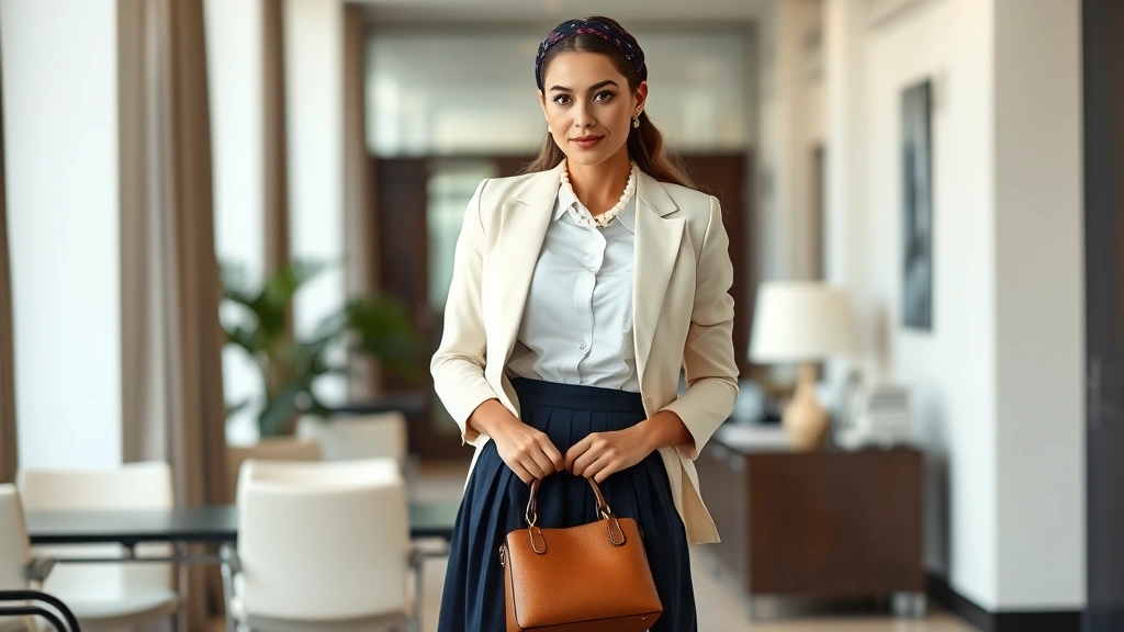 Woman wearing cream tailored blazer over white button-down shirt, navy pleated midi skirt, pearl necklace, velvet headband, holding structured leather handbag, standing in elegant office setting with natural lighting