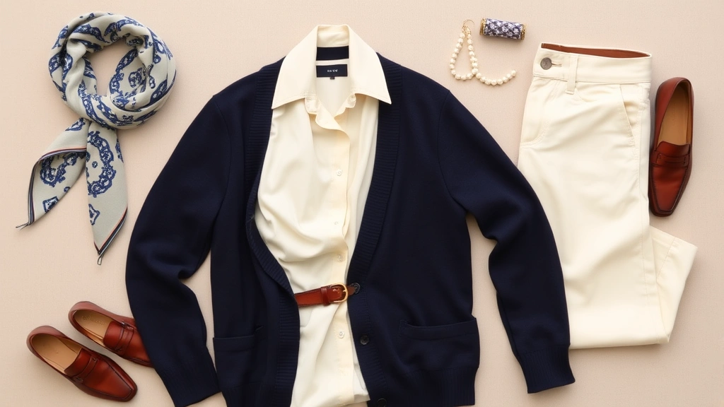 Flat lay of preppy wardrobe essentials including navy cashmere cardigan, cream silk blouse, leather belt with gold buckle, silk scarf with classic pattern, pearl jewelry, leather loafers, and ivory trousers on neutral background