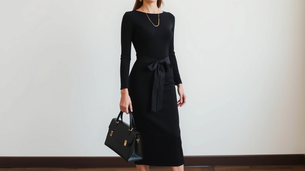 Woman in black fitted dress with delicate gold jewelry, silk bow detail, structured black handbag, black pumps, standing against minimalist backdrop showing sophisticated evening style interpretation