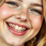 Close-up portrait of young woman with vibrant colored orthodontic braces smiling confidently, wearing coordinated makeup with warm peachy tones, natural lighting, professional beauty photography