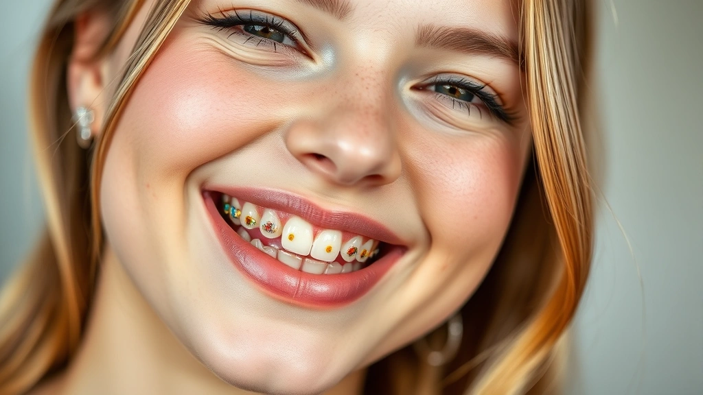 Close-up portrait of young woman with vibrant colored orthodontic braces smiling confidently, wearing coordinated makeup with warm peachy tones, natural lighting, professional beauty photography