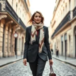 Elegant Parisian woman in classic tailored blazer and silk scarf walking down cobblestone street lined with historic architecture, soft natural lighting, timeless sophisticated style, no text or logos visible