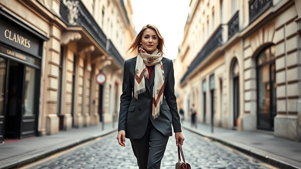 Elegant Parisian woman in classic tailored blazer and silk scarf walking down cobblestone street lined with historic architecture, soft natural lighting, timeless sophisticated style, no text or logos visible