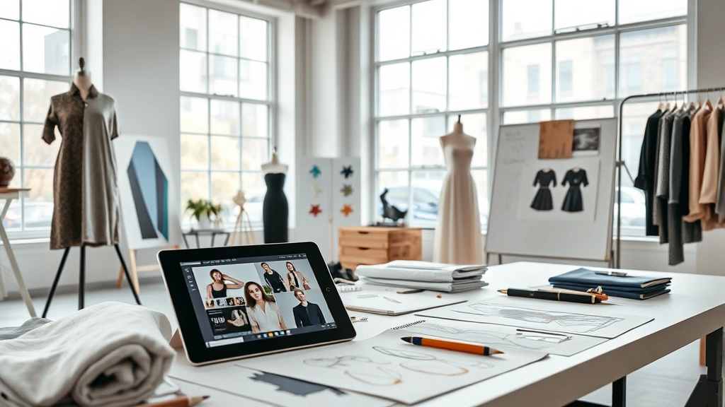 Modern fashion designer's studio workspace with fabric swatches, sketches, and digital tablet showing design software, natural daylight streaming through large windows, contemporary creative environment, no visible text or branding