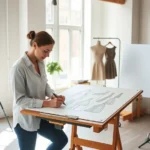 Professional fashion designer working at drafting table in modern NYC studio, sketching garments with precision, natural daylight streaming through large windows, fabric swatches and design tools visible, focused creative work environment