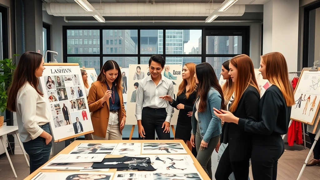 Diverse group of fashion professionals in contemporary office setting, collaborating around mood boards and design concepts, stylish casual business attire, creative energy and teamwork, modern NYC fashion office aesthetic