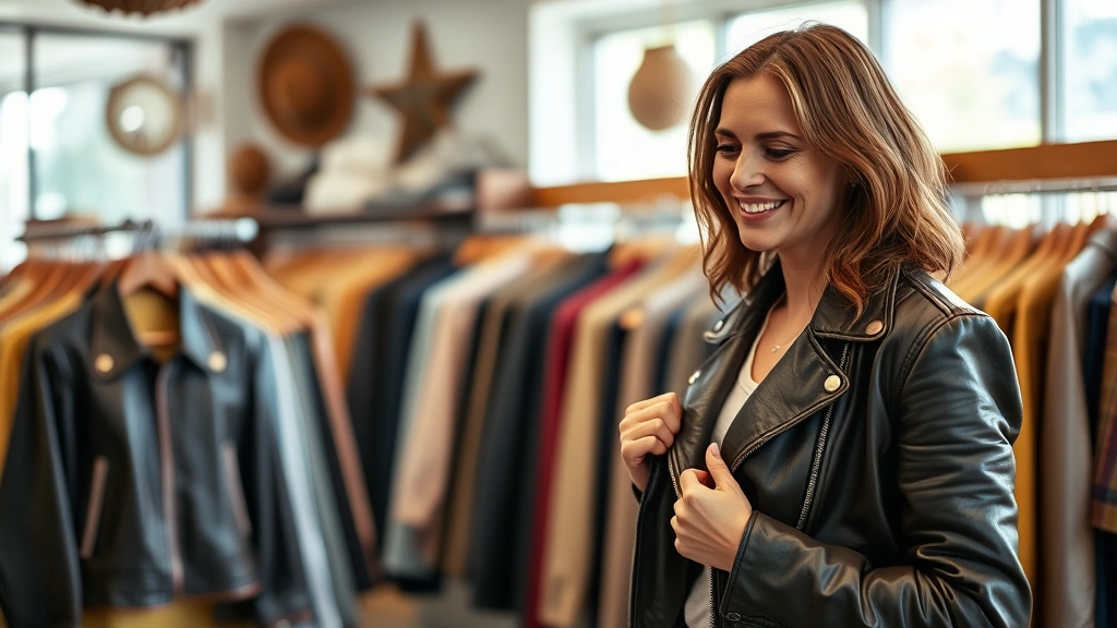 Woman trying on vintage leather jacket in bright thrift store, smiling while examining quality seams and fit, natural daylight from storefront windows
