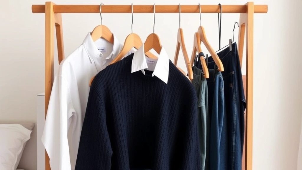 Neatly organized capsule wardrobe hanging on wooden rack showing coordinating neutral basics, white button-down, navy sweater, quality denim in calm bedroom setting