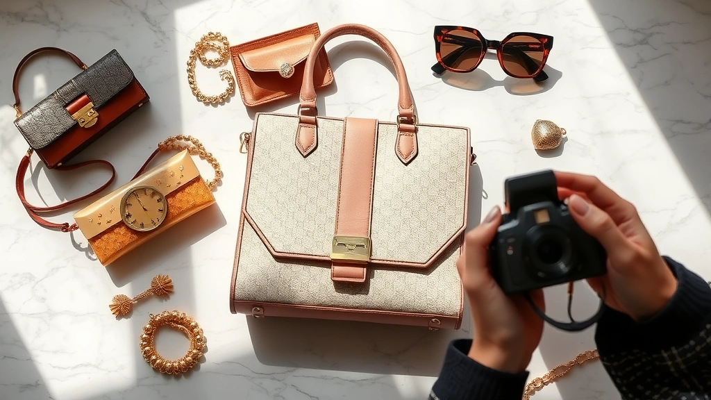 Fashion blogger photographing thrifted designer handbag and vintage accessories arranged on marble surface with natural sunlight, showcasing secondhand luxury finds