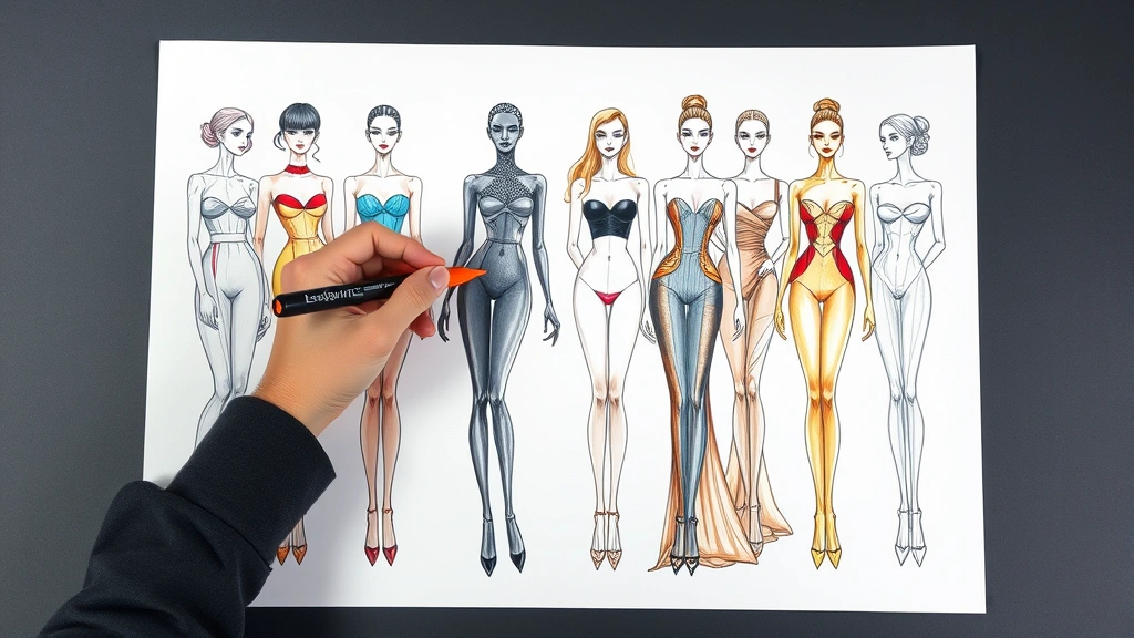 Professional fashion designer sketching female croquis figures with colored markers on white paper, showing elongated nine-head proportions with elegant poses and detailed garment silhouettes