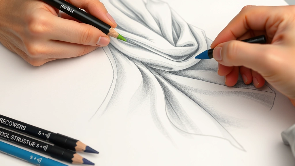 Close-up of hands rendering fabric textures on fashion croquis using various markers and colored pencils, demonstrating silk draping, wool structure, and pattern application techniques