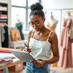 Young diverse fashion designer sketching on tablet in modern studio workspace with fabric swatches and design mood boards visible, natural window lighting, focused creative expression