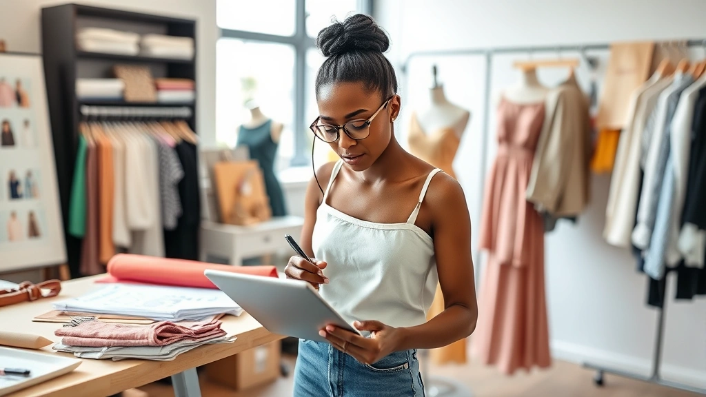 Young diverse fashion designer sketching on tablet in modern studio workspace with fabric swatches and design mood boards visible, natural window lighting, focused creative expression