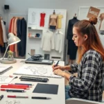 Fashion design student sketching detailed garment designs at a modern studio desk with fabric swatches, design tools, and inspiration boards surrounding the workspace, professional lighting, creative atmosphere