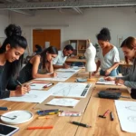 Diverse fashion design students sketching garment designs at wooden studio tables with fabric swatches and design tools, natural studio lighting, collaborative creative environment, professional workspace aesthetic