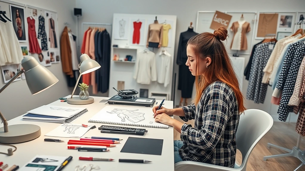 Fashion design student sketching detailed garment designs at a modern studio desk with fabric swatches, design tools, and inspiration boards surrounding the workspace, professional lighting, creative atmosphere