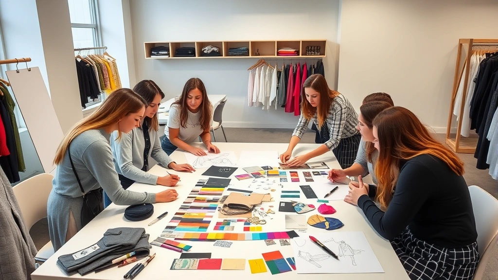 Group of fashion design students collaborating around large design table with sketches, fabric samples, and color palettes, mentoring environment, contemporary classroom setting