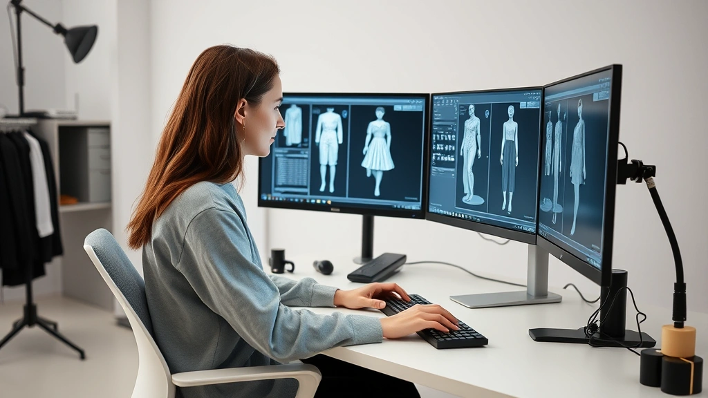 Young fashion designer working at computer with CLO 3D software showing digital garment prototypes, modern minimalist studio setup, multiple monitors displaying design work, contemporary professional fashion technology workspace