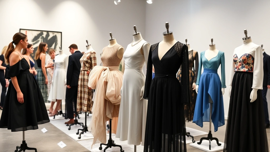 Diverse fashion design graduates presenting their collection designs on dress forms in a contemporary gallery space, sophisticated presentation, professional clothing, industry showcase setting