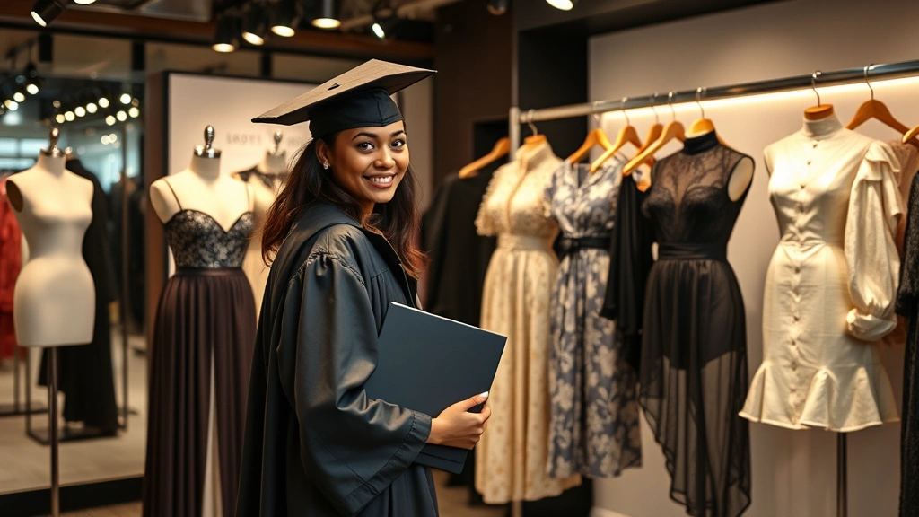 Fashion design graduate displaying portfolio collection in upscale showroom setting, featuring completed garments on dress forms and hangers, professional photography lighting, polished presentation of design work