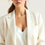 Elegant woman wearing perfectly tailored cream linen blazer over white silk camisole, neutral background, professional photography, natural lighting, fashion editorial style