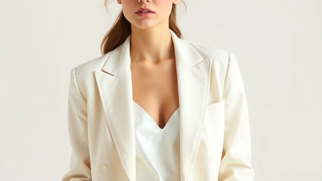 Elegant woman wearing perfectly tailored cream linen blazer over white silk camisole, neutral background, professional photography, natural lighting, fashion editorial style