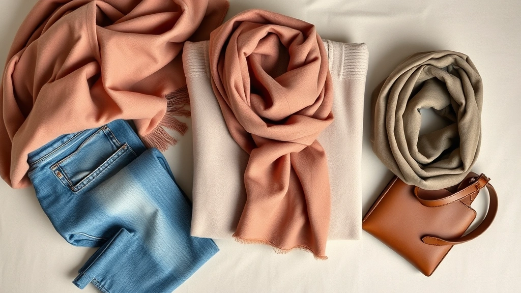 Overhead flat lay of luxury fabrics: folded cashmere sweater, silk scarves, quality denim, leather accessories, soft neutral tones, minimalist composition