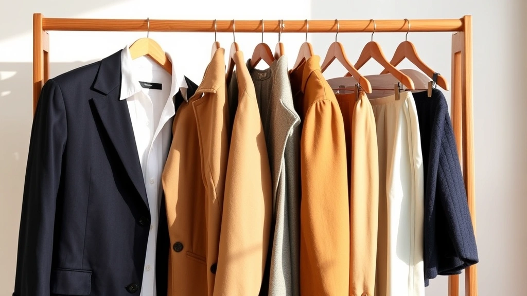 Sophisticated capsule wardrobe displayed on wooden rack: classic white shirt, navy blazer, camel coat, neutral trousers, minimal accessories, clean aesthetic, natural daylight