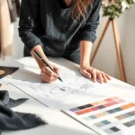 Professional fashion designer sketching on white table with fabric swatches, mood board, and color palette visible in morning natural light, wearing black minimalist outfit