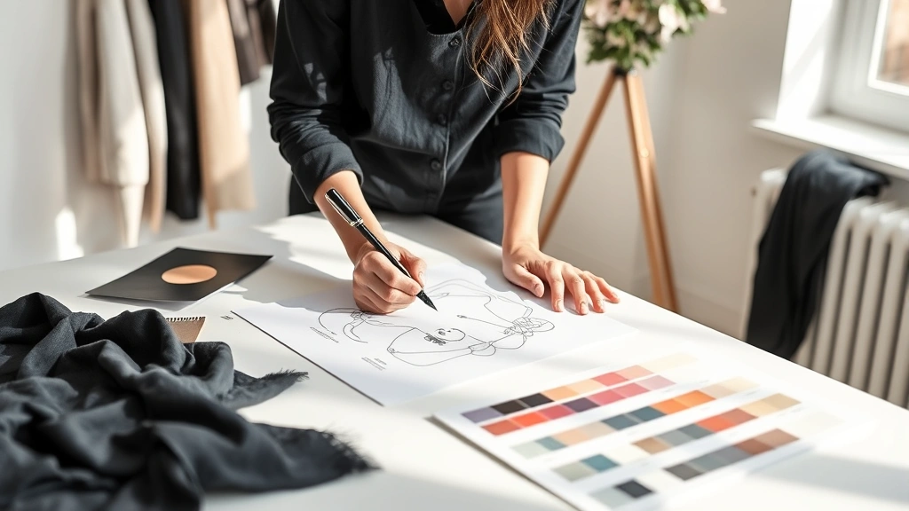 Professional fashion designer sketching on white table with fabric swatches, mood board, and color palette visible in morning natural light, wearing black minimalist outfit