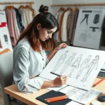 Fashion designer sketching detailed garment illustrations at workspace with fabric swatches, mood boards, and design tools surrounding the work, natural studio lighting highlighting creative process
