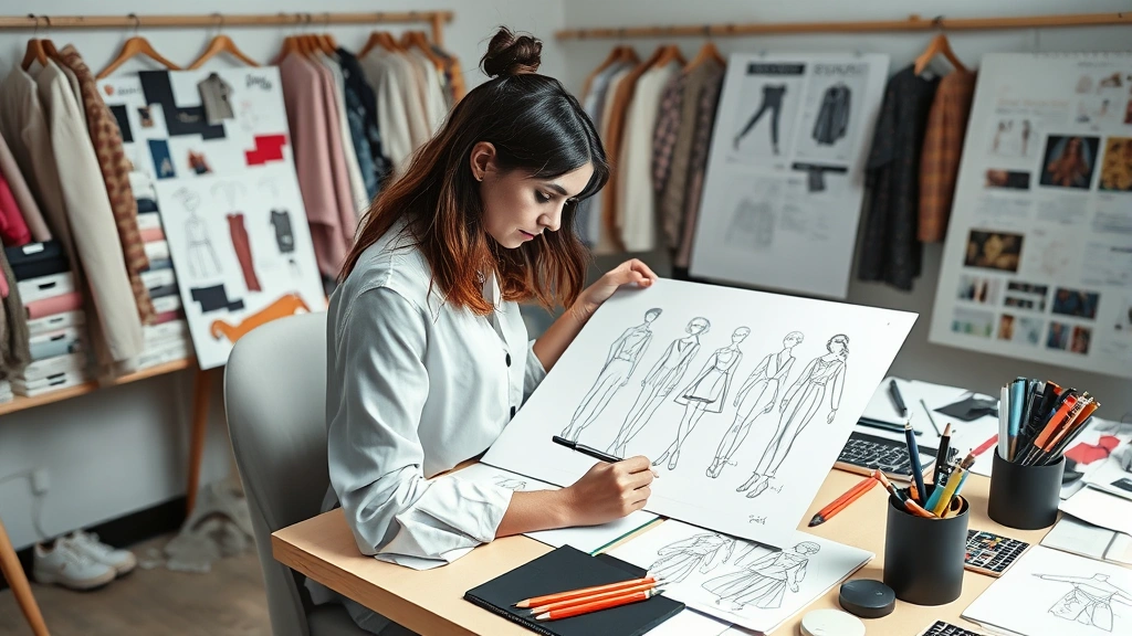 Fashion designer sketching detailed garment illustrations at workspace with fabric swatches, mood boards, and design tools surrounding the work, natural studio lighting highlighting creative process