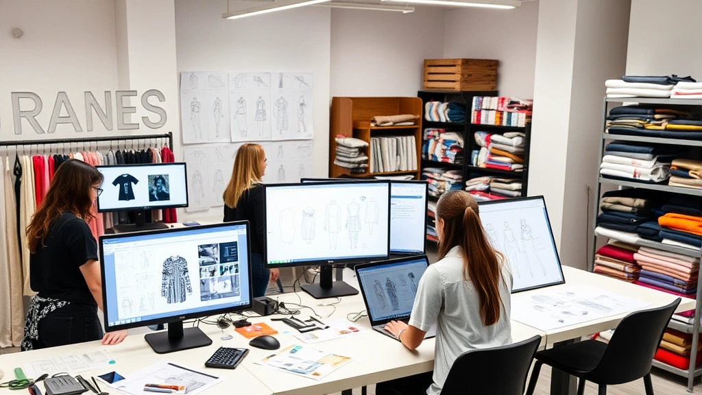 Diverse group of fashion designers collaborating in modern studio space with design software displayed on monitors, sketches on walls, and fabric rolls organized on shelves