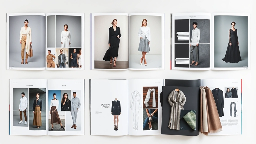 Professional portfolio display showing fashion design collections arranged with mood boards, technical flats, and fabric samples, clean minimalist presentation on light background