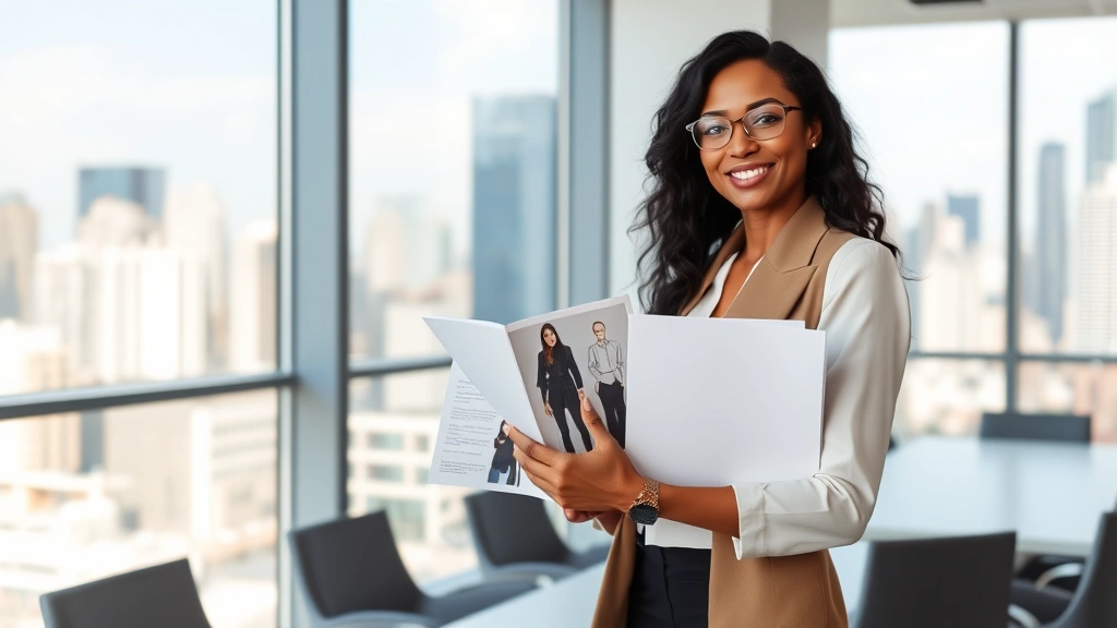 Confident fashion designer presenting collection portfolio in sleek boardroom with large windows overlooking city skyline, holding design presentation materials