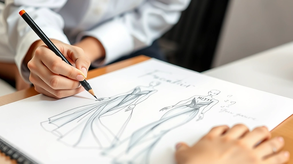 Professional fashion illustrator sketching elegant women's clothing designs with markers and pencils on white paper, showing detailed proportions and flowing fabric drapes, natural studio lighting, close-up of hands and sketch work