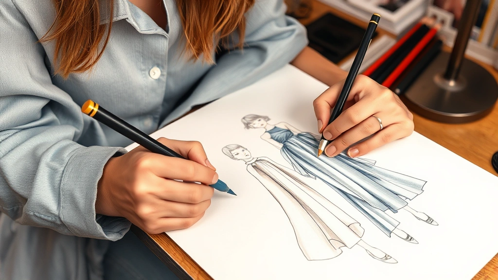 Fashion designer rendering luxurious textiles including silk, denim, and knit fabrics on figure sketches using colored markers and pencils, demonstrating shading techniques and fabric texture details, artistic workspace setup