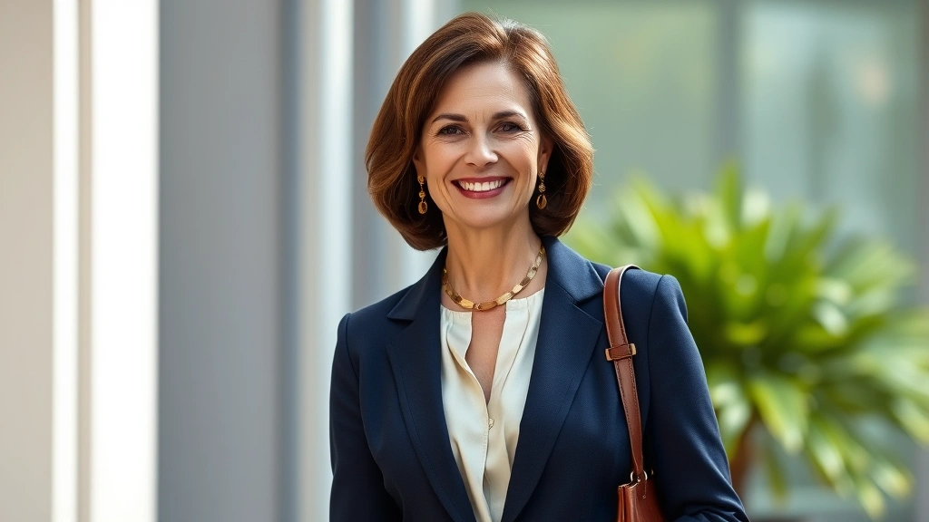 Elegant mature woman wearing tailored navy blazer with cream silk blouse, gold jewelry, and structured leather handbag, standing confidently in natural light with warm smile