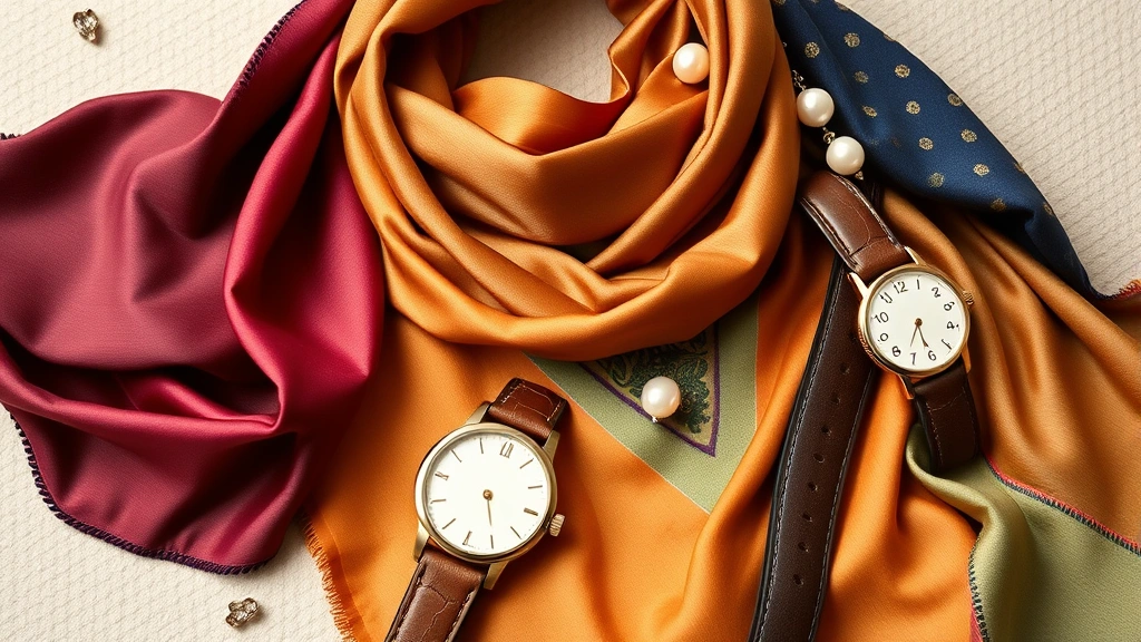 Close-up of sophisticated accessories including silk scarves in jewel tones, quality leather belt, pearl earrings, and luxury watch arranged on neutral background