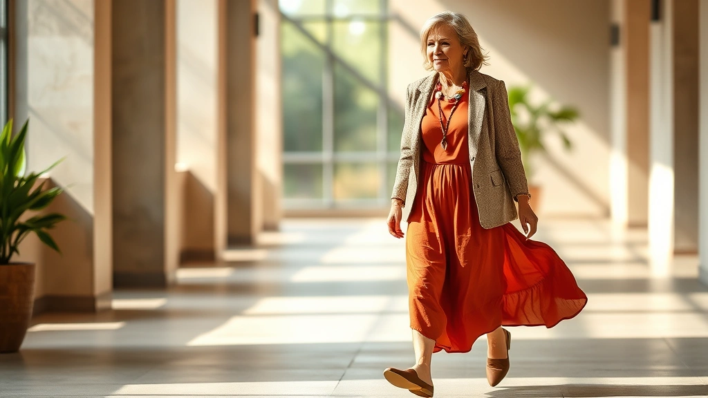 Mature woman in flowing midi dress in warm terracotta color with textured linen blazer, comfortable leather flats, and colorful accessory, walking gracefully through sunlit space