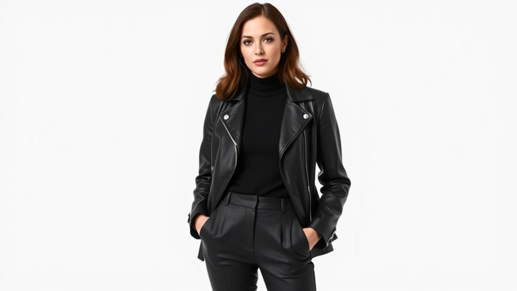 Fashion-forward woman wearing all-black monochromatic outfit with layered textures, leather jacket, fitted turtleneck, structured trousers, standing against minimalist white background, confident posture, professional styling