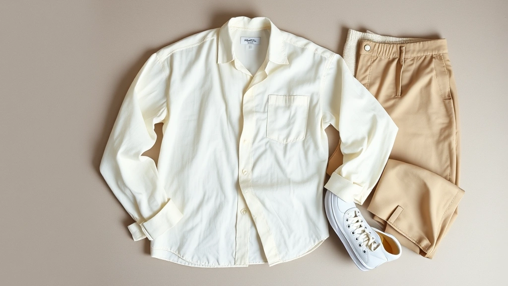 Overhead flat lay of monochromatic neutral clothing pieces including cream linen shirt, ivory sweater, beige trousers, white sneakers, arranged artfully showing texture variety and seasonal versatility