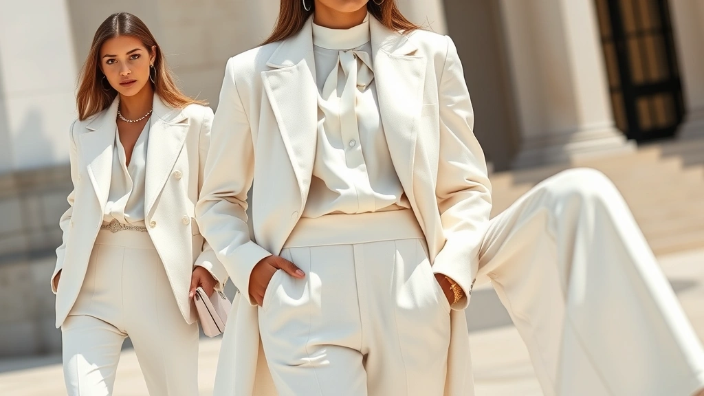 Stylish individual in head-to-toe cream and white monochromatic ensemble, featuring silk blouse, wool blazer, tailored pants, metallic accessories, photographed in natural daylight showcasing fabric sheen and layering techniques
