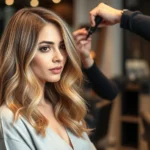 Professional salon setting with stylist applying dimensional bronde hair color to client with medium skin tone, warm lighting highlighting multi-tonal blonde and brunette blend, luxury salon environment