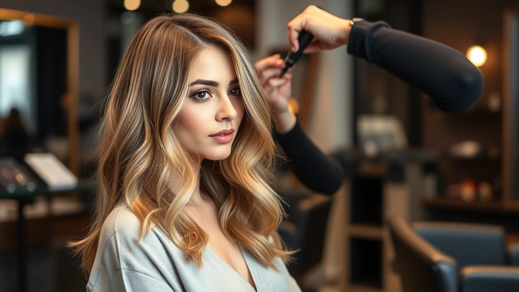 Professional salon setting with stylist applying dimensional bronde hair color to client with medium skin tone, warm lighting highlighting multi-tonal blonde and brunette blend, luxury salon environment