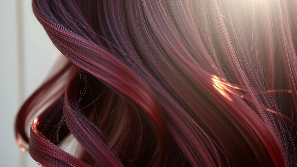 Close-up of luxurious chocolate cherry hair color with burgundy wine undertones catching light, showing dimensional depth and richness, styled waves in natural sunlight, sophisticated aesthetic