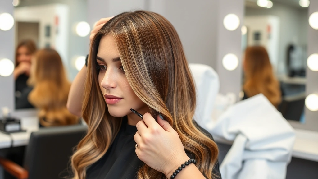 Hair colorist performing hand-painted balayage technique on long brunette hair, strategically placing lighter blonde pieces around face and crown, professional salon backdrop with mirrors