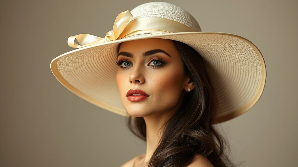 Elegant woman wearing structured cream-colored wide-brimmed hat with silk ribbon detail, soft natural lighting, professional fashion photography, neutral background, sophisticated style