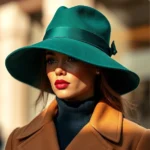 Luxury wide-brimmed felt hat in emerald green with structured crown, styled on elegant woman wearing tailored camel coat, natural sunlight creating shadows across face, upscale urban background