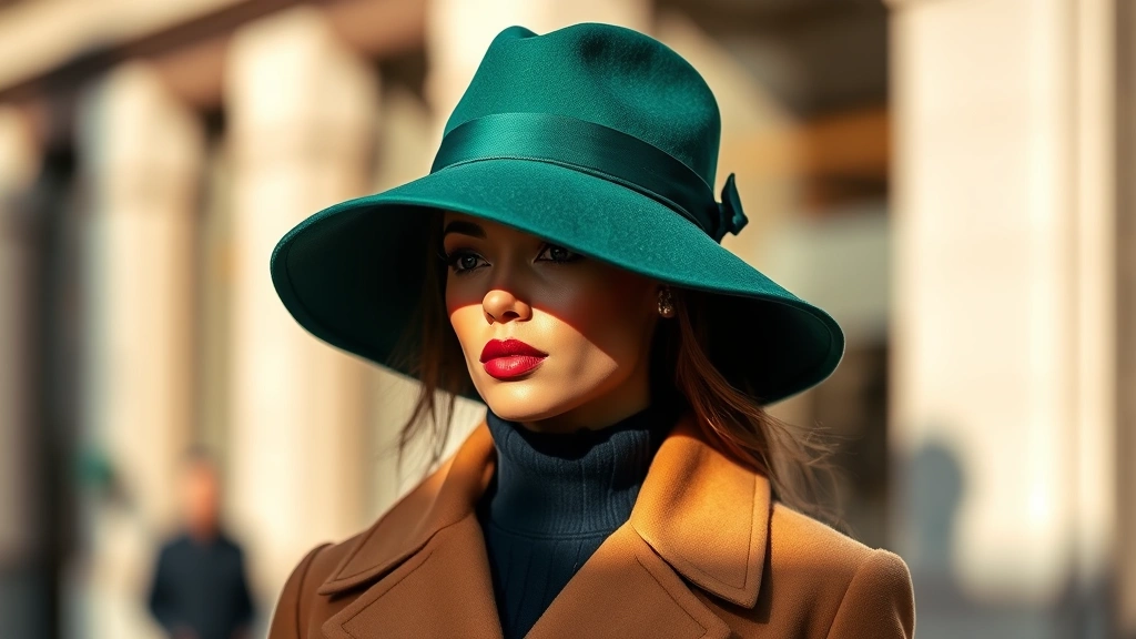 Luxury wide-brimmed felt hat in emerald green with structured crown, styled on elegant woman wearing tailored camel coat, natural sunlight creating shadows across face, upscale urban background